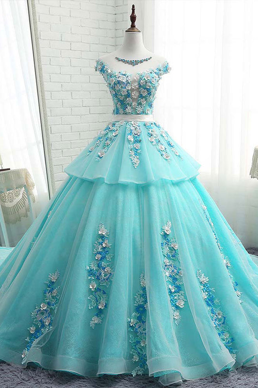 Green round neck tulle lace applique long prom dress, green evening dress