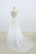 White round neck lace tulle long prom dress, white lace wedding dress