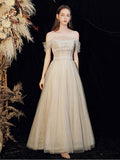 Champagne tulle sequin long prom dress, tulle formal dress