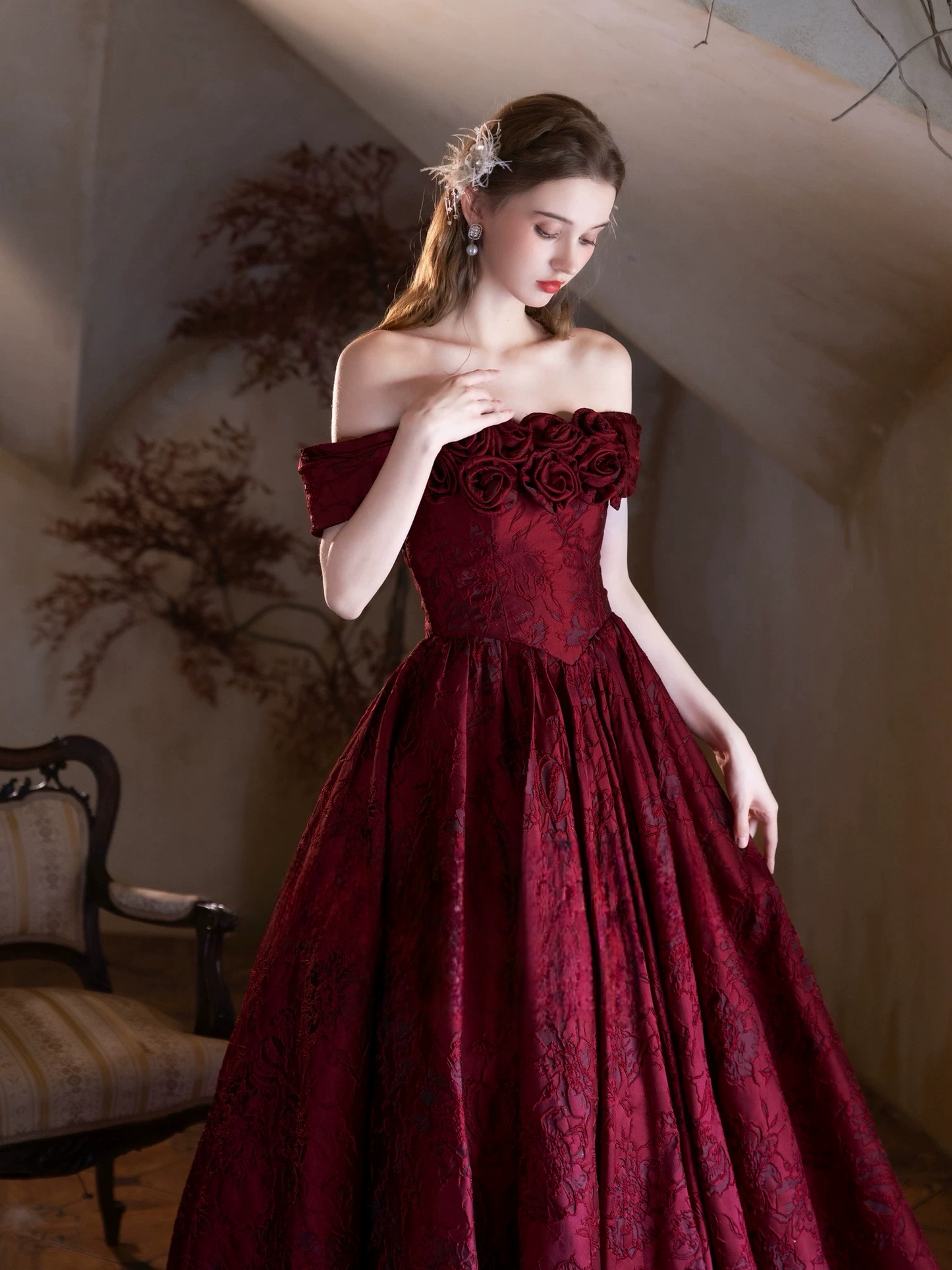 A-Line Off Shoulder Printed Satin Burgundy Long Prom Dress, Burgundy Long Formal Dress