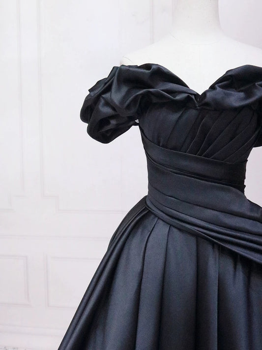 A-Line Sweetheart Neck Off Shoulder Satin Black Long Prom Dress