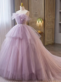Purple A-line Tulle Long Prom Gown, Purple Long Formal Dress