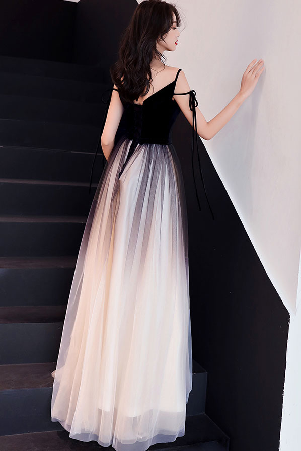 Unique black tulle long prom dress, black tulle evening dress