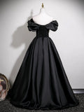 A-Line V Neck Satin Black Long Prom Dress, Black Long Evening Dress