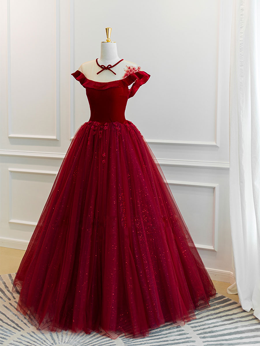Burgundy tulle lace long prom dress, burgundy tulle evening dress