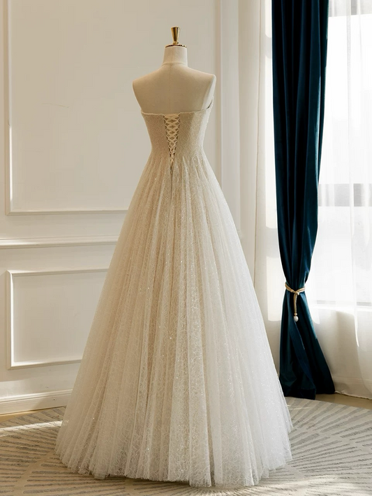 A-Line Tulle Lace Sequin Light Champagne Long Prom Dress