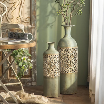 Antique-Inspired Tall Decorative Vases – Ornate Carved Metal Floor Vessels for Vintage French Country Home Decor
