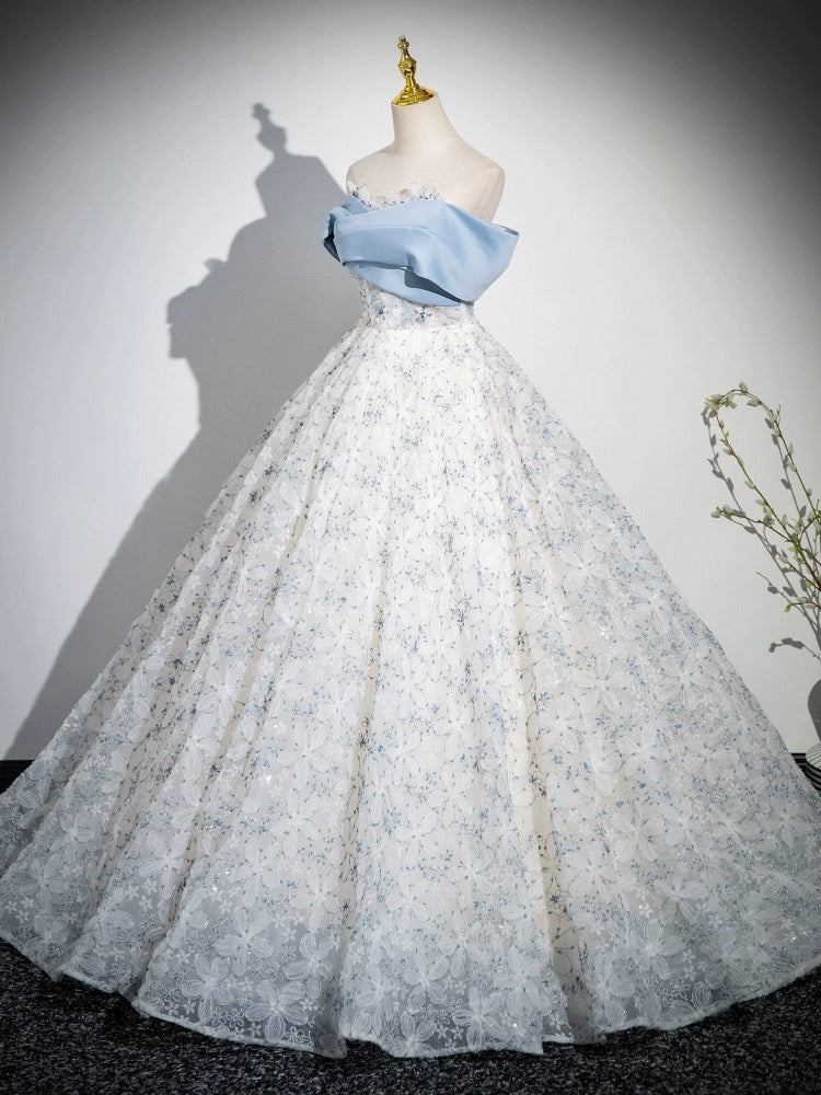 A-Line Off Shoulder Tulle Lace Blue Long Prom Dress, Blue Long Evening Dress