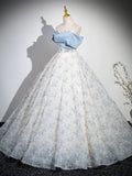 A-Line Off Shoulder Tulle Lace Blue Long Prom Dress, Blue Long Evening Dress