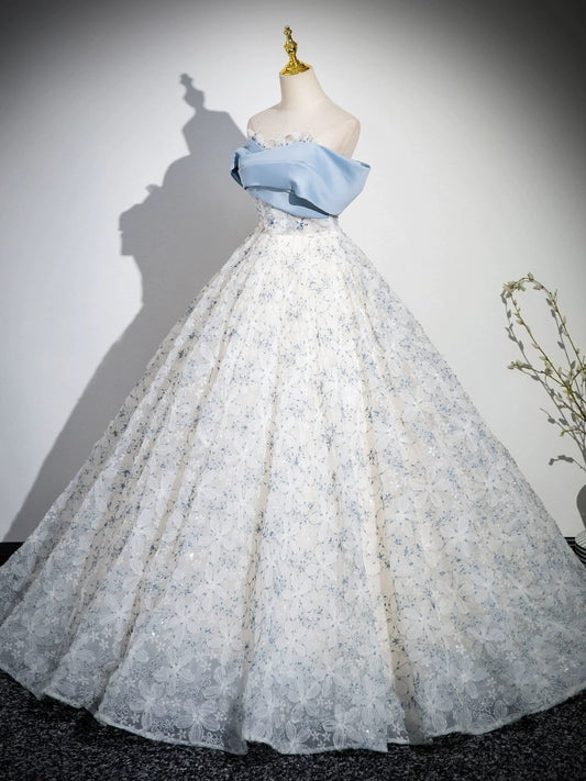 A-Line Off Shoulder Tulle Lace Blue Long Prom Dress, Blue Long Evening Dress