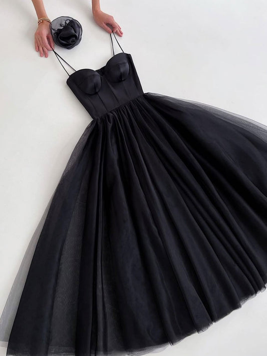 Simple black tulle short prom dress, black short evening dress