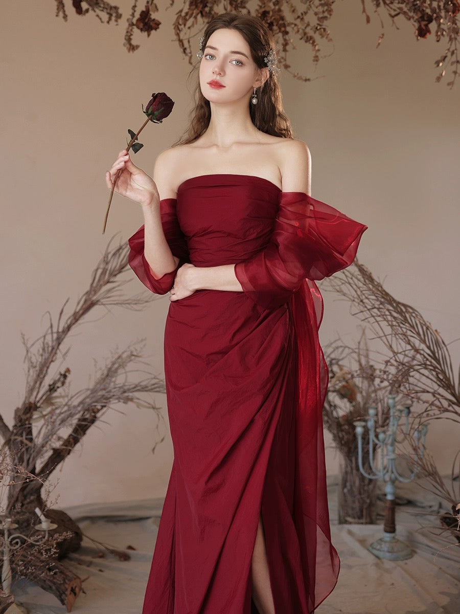 Simple Off Shoulder Satin Burgundy Long Prom Dress, Burgundy Evening Dress