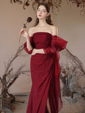 Simple Off Shoulder Satin Burgundy Long Prom Dress, Burgundy Evening Dress