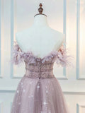 A-Line  Off Shoulder Tulle Lace Pink Long Prom Dress, Pink Long Graduation Dress