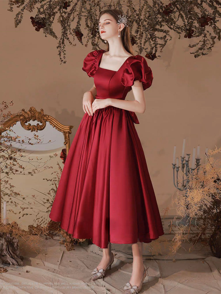 A-Line Satin Tea Length Burgundy Prom Dress, Burgundy Formal Dress