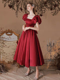 A-Line Satin Tea Length Burgundy Prom Dress, Burgundy Formal Dress