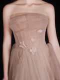 A-Line Champagne Tulle Beads Long Prom Dress, Champagne Tulle Long Formal Dress