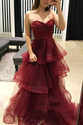 Simple burgundy sweetheart neck tulle long prom dress, burgundy evening dress