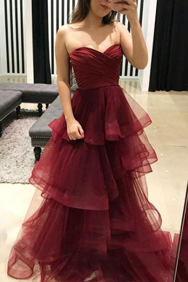 Simple burgundy sweetheart neck tulle long prom dress, burgundy evening dress