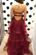 Simple burgundy sweetheart neck tulle long prom dress, burgundy evening dress