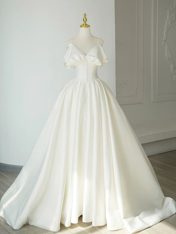 A-Line Off Shoulder Satin ivory Long Prom Dress, ivory Long Formal Dress