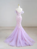 Mermaid Off Shoulder Sequin Tulle Purple Long Prom Dress, Purple Long Formal Dress