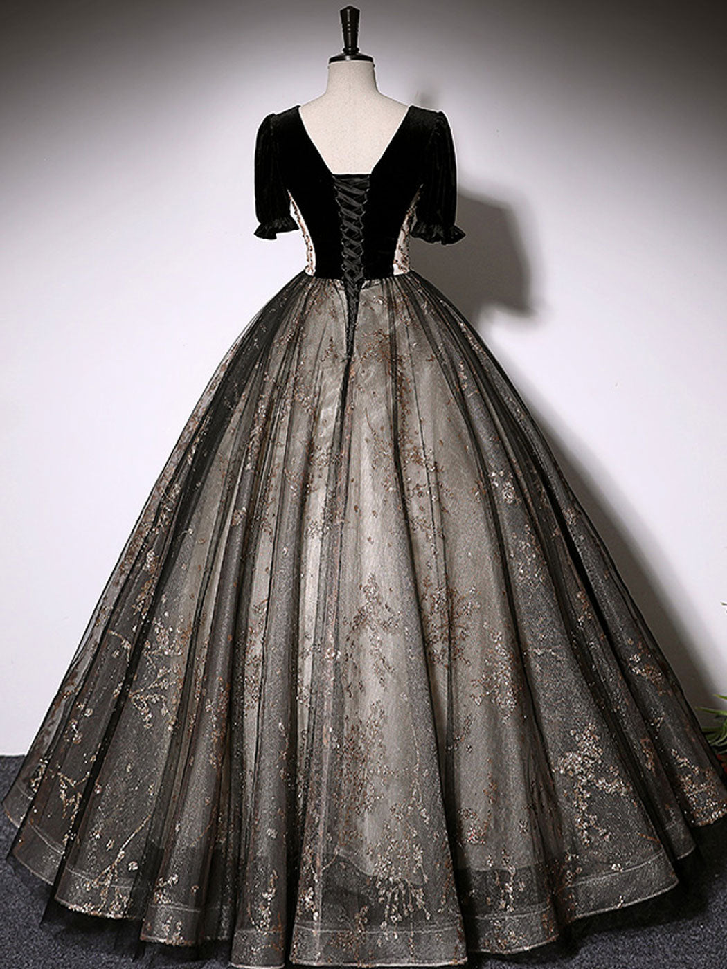 A-Line Tulle Lace Black Long Prom Dresses, Black Formal Evening Dresses