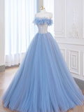 A-Line Blue Tulle Lace Long Prom Dress, Blue Tulle Lace Formal Dress