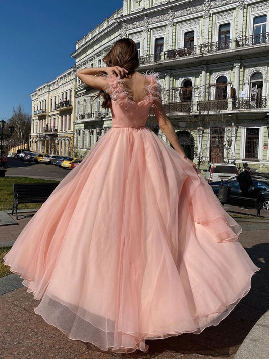 Pink v neck tulle long prom dress, pink tulle formal dress