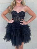 Black Sweetheart Neck Lace Short Prom Dress. Cute Black Homecoming Dress