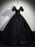 A-Line Short sleeve Satin Black Long Prom Dress, Black Long Evening Dress