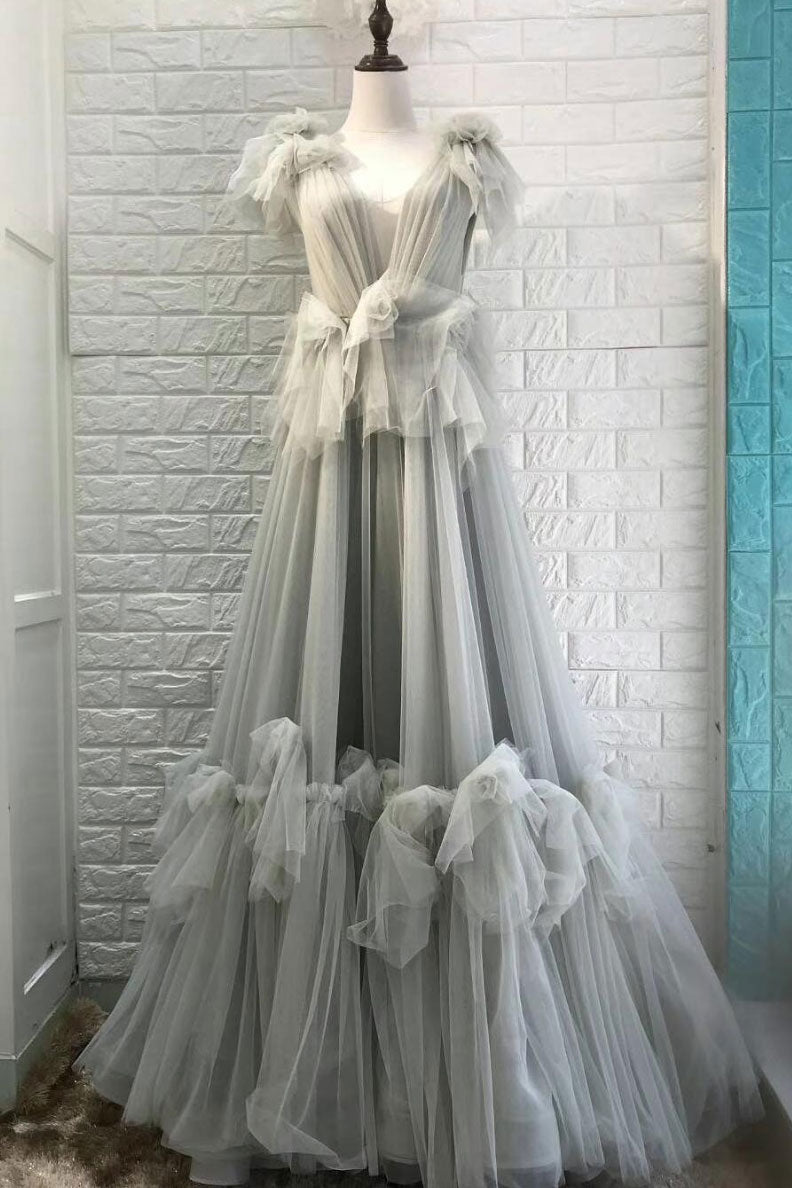 Gray v neck tulle long prom dress, gray tulle evening dress