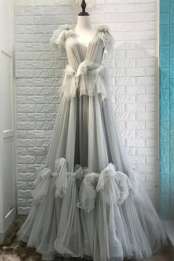 Gray v neck tulle long prom dress, gray tulle evening dress