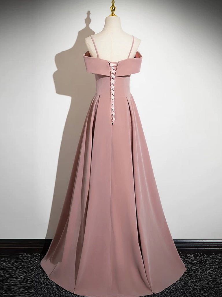 A-Line Velvet Pink Long Prom Dress, Pink Long Formal Dress