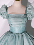 Green Puff sleeves A-Line Long Prom Dresses, Green Tulle Formal Sweet 16 Dress