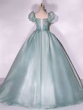 Green Puff sleeves A-Line Long Prom Dresses, Green Tulle Formal Sweet 16 Dress