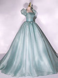 Green Puff sleeves A-Line Long Prom Dresses, Green Tulle Formal Sweet 16 Dress