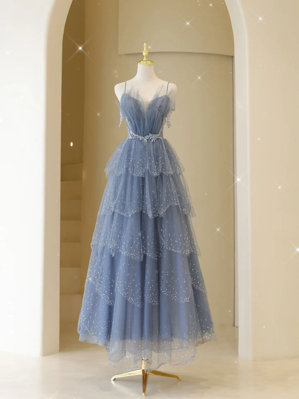 Gray blue tulle sequin beads long prom dress, blue evening dress