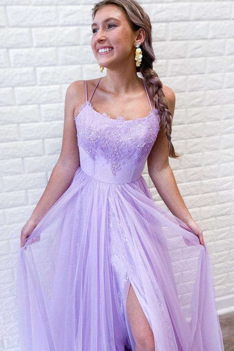 Purple tulle lace long prom dress purple formal dress