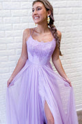 Purple tulle lace long prom dress purple formal dress