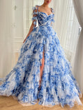 A-Line V Neck Tulle Blue Long Prom Dress, Blue Long Evening Dress