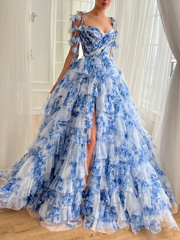 A-Line V Neck Tulle Blue Long Prom Dress, Blue Long Evening Dress