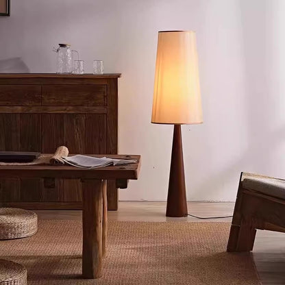 Modern Sculptural Wood Floor Lamp with Tall Linen Shade – Ambient Lighting for Living Room & Bedroom