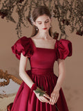 A-Line Satin Tea Length Burgundy Prom Dress, Burgundy Formal Dress