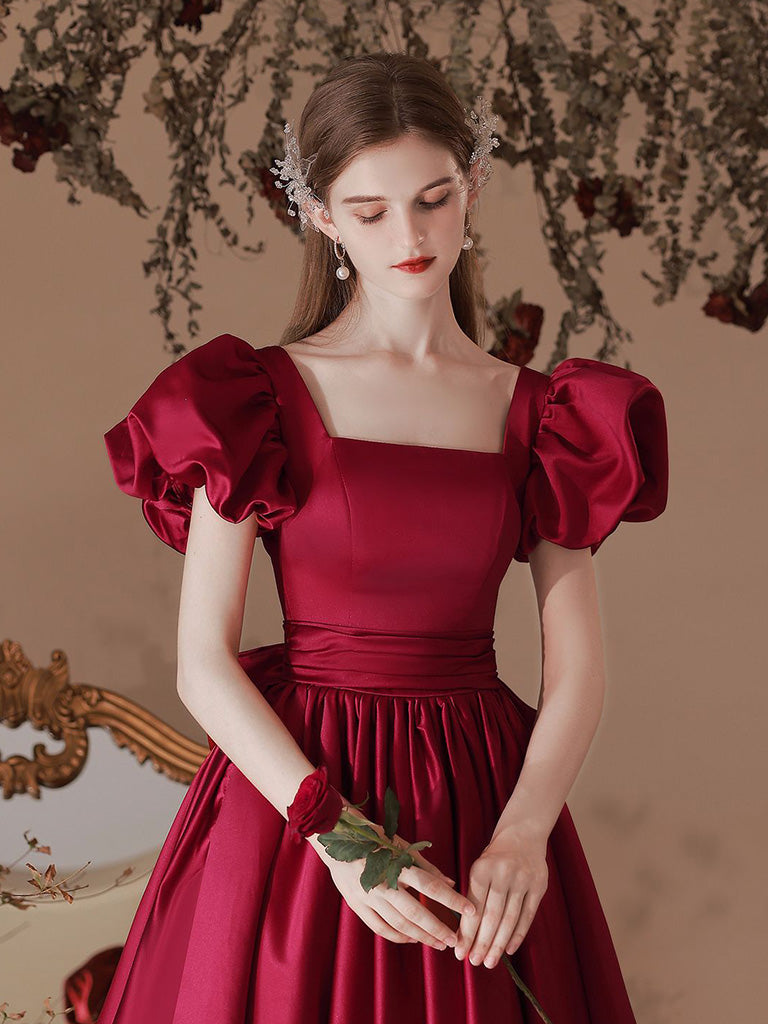 A-Line Satin Tea Length Burgundy Prom Dress, Burgundy Formal Dress