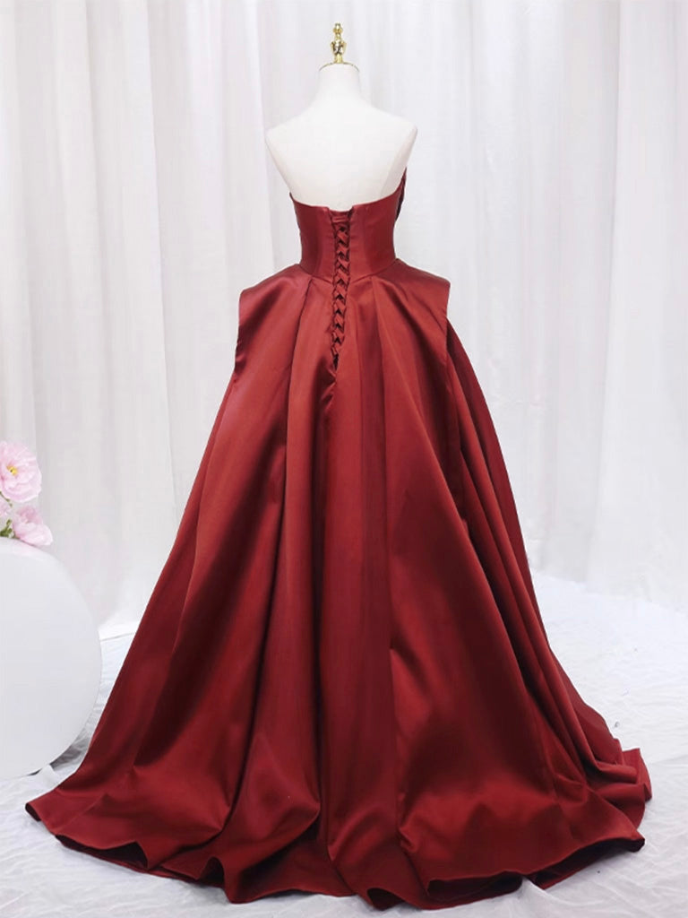 A-Line Satin Burgundy Long Prom Dress, Burgundy Formal Dress