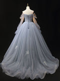 Gray A-Line Tulle Lace Long Prom Dress, Shiny Tulle Lace Formal Dress