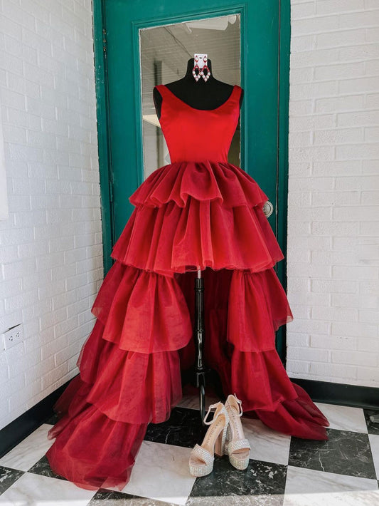 Burgundy round neck tulle high low prom dress, red homecoming dress