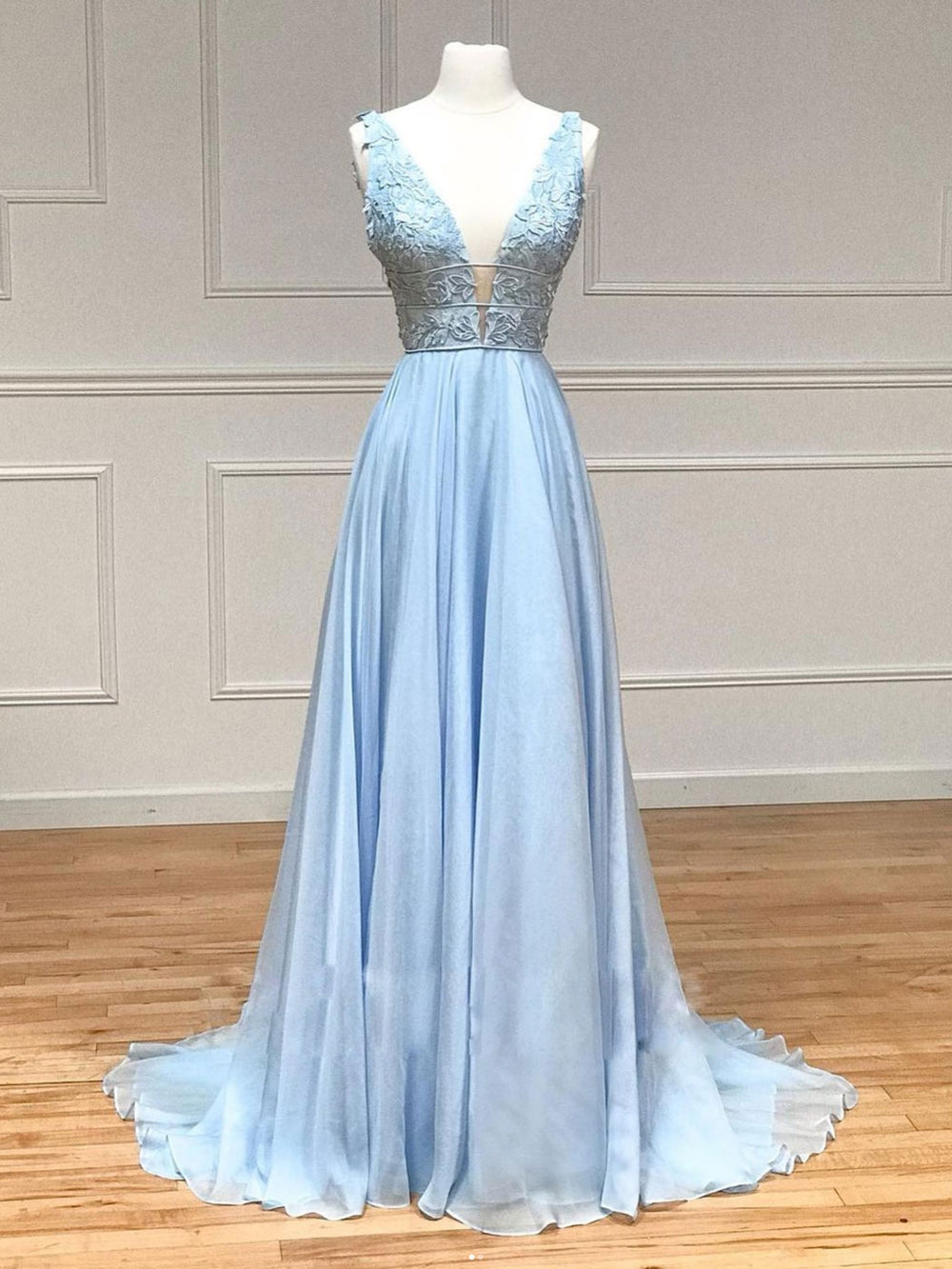 Blue v neck chiffon lace long prom dress, blue evening dress