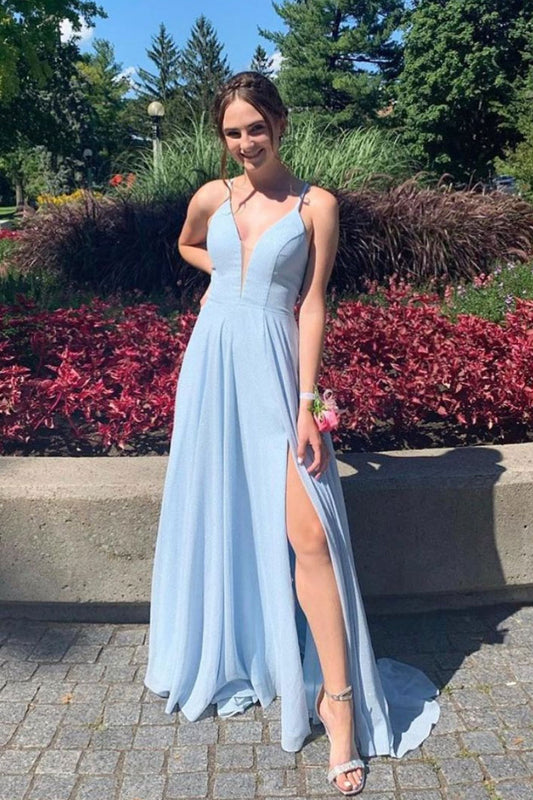 Blue v neck tulle long prom dress blue evening dress